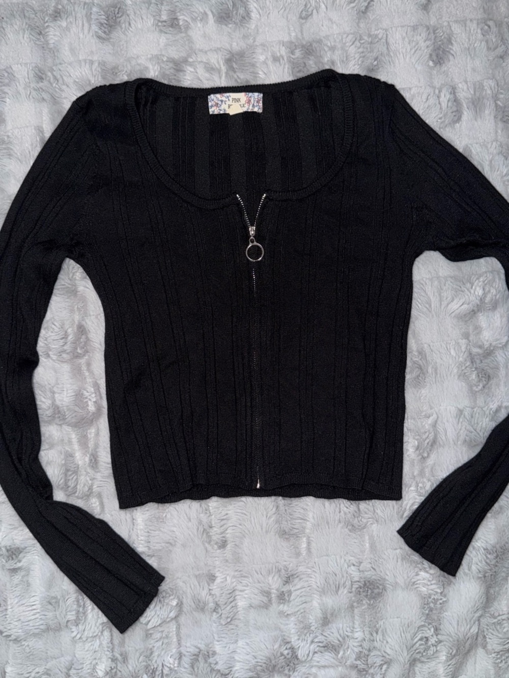 Pink Republic Black Ribbed Zip Crop Top with Ring Pull